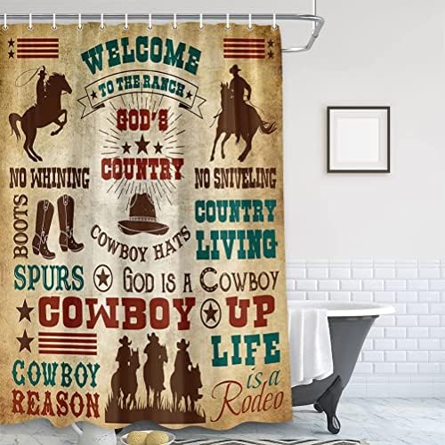 ברוך הבא לחוות המערב הפרוע הדרומי -מערבי של טקסס בווילון מקלחת בד וינטג 'עם ווים, חווה אמריקאית כפרית סוס קאובוי רודיאו