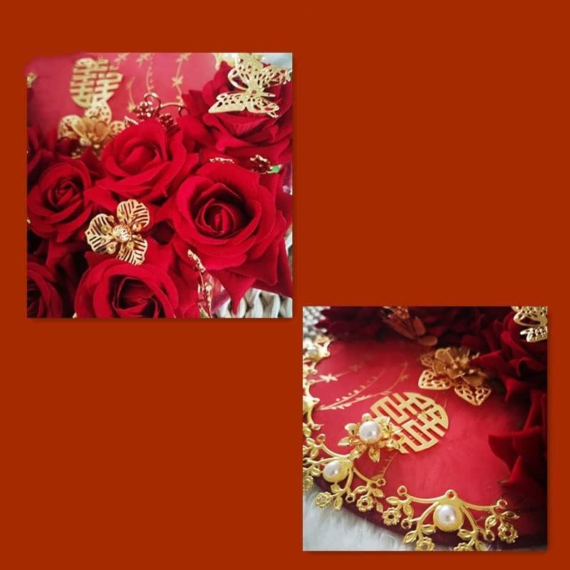 Ycfbh ורדים מלאכותיים שואבים פרחים אדומים זרי כלה מאוורר סגנון סיני סגנון כלות מתכת זהב אביזרי מאוורר יד