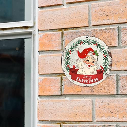שלט קבלת פנים Decstic חג שמח עם סנטה עגול שלט אלומיניום סנטה קלאוס שלט זר דבק