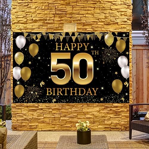באנר רקע קישוטי יום הולדת 50, קישוטי יום הולדת 50 שמחים לגברים נשים, אבזרי תא צילום למסיבת יום הולדת בת 50 זהב שחור, שלט חצר