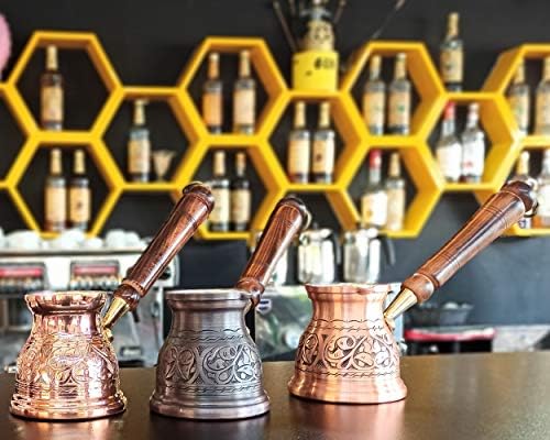 DEDE COPPER - IST סדרה - נחושת מוצקה ביותר חרוטה סיר קפה ערבית יוונית טורקית עם ידית עץ, מכונת קפה כיריים Cezve, Jezve, Jazva,
