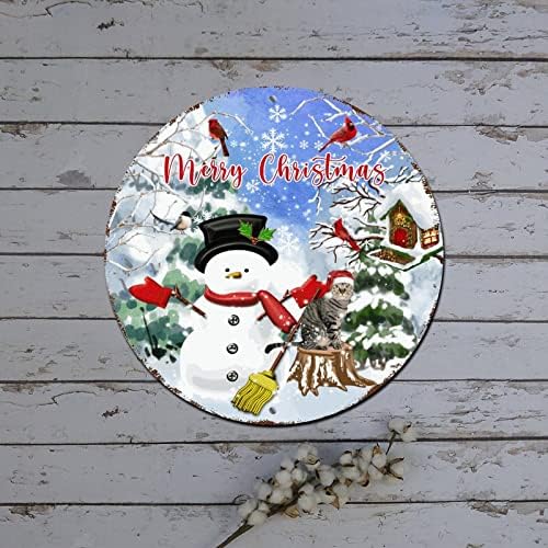 חג מולד שמח סצנת חורף חתול איש שלג עם כובע סנטה עגול שלט פח מתכת עגול חיצוני קישודים תלויים כפרי של שלט זר כפרי לתא
