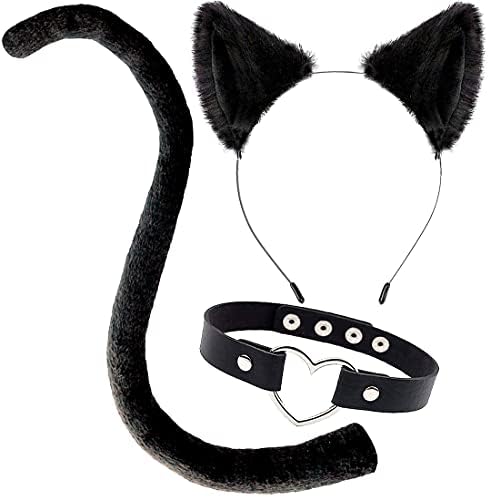 אוליפאן חתול אוזניים וזנב תלבושות אביזרי אנימה אוזן קליפים סרט שחור זנב ארוך & מגבר; לב קולר עבור קוספליי חתול תלבושות סט