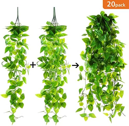 Xunyee 20 חלקים צמחים תלויים מזויפים 3.6ft צמחים תלויים מלאכותיים קיסוס קיסוס גפנים מזויפות לחדר שינה מדף קיר מקורה