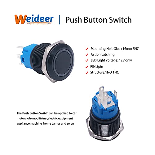 Weideer 16 ממ רגעי לחצן מתג מתג מתכת 12 וולט טבעת ירוקה LED 5 PIN מתג כפתור/כיבוי עם תקע שקע תיל עבור 16 ממ
