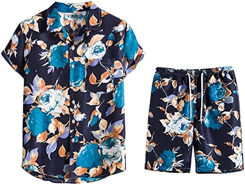 סט קיץ הוואי לריד גברים מודפס עם שרוול קצר חולצה פרחונית מכנסיים קצרים כפתור דש צמרת מכנסיים קצרים 2 pc חליפה