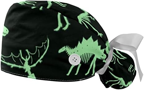 כובעים רפואיים של Ratgdn לנשים עם כפתורים שיער ארוך, כובע עבודה מתכוונן 2 חלקים, דפוס עצמות דינוזאור