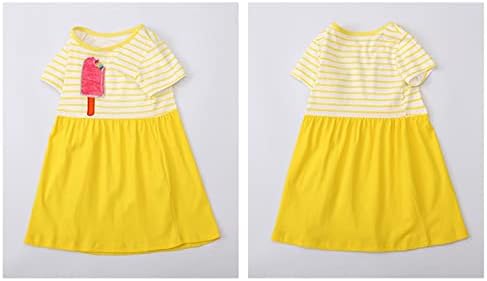 בנות קיץ שמלת שמלת קיץ עגול צוואר רשת שמלת נסיכת חצאית בנות חצאית קרח הדפסת צהוב פסים מקרית שמלה
