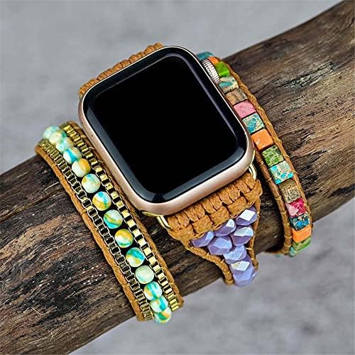QTMY תואם לפס Apple Watch Series 1-7, צמיד טבעי עטוף חרוזים עטופים אבן קריסטל בוהו צמיד 38 ממ -45 ממ