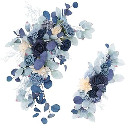Rncoze 2 חבילה פרחי קשת חתונה, פרחי ורד כחול מלאכותי מתווכחים עם עלי אקליפטוס, פו שחור פרחוני סידור פרחי ורדים זרי