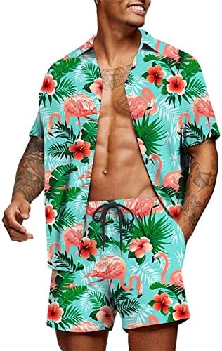 Lujengefa Mens 2 חלקים חולצה הוואי ומכנסיים קצרים מגדירים כפתור הדפס טרופי פרחוני למטה חליפות תלבושת לחופשת חוף