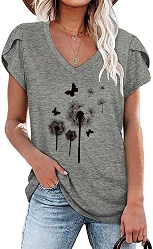 Ladies v Neck Cotton Gropic Graphic Dandelion הדפס חולצת חולצה פרחונית חולצה לילדות נוער סתיו קיץ j0 j0