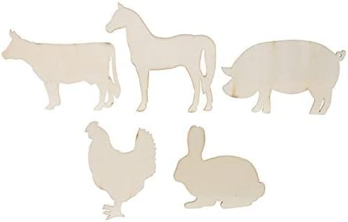 מלאכת אספקת חיות משק לא צבוע עץ מגזרת צורות - 5 מיני חתיכות - ארנב, פרה, חזיר, עוף, סוס , רב