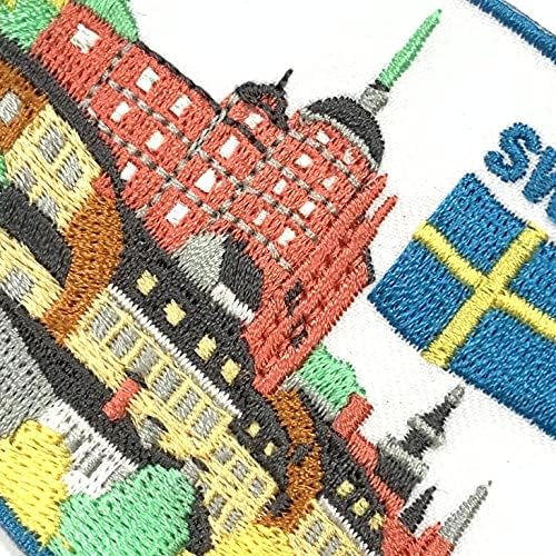 A-One 2 PCS חבילה- Stockholm City Applque+PIN דגל דגל שוודיה, טלאי עיר הון, רקמת DIY של נסיעות, סמל תפירה/ברזל,