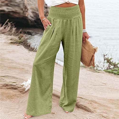 מכנסי פשתן של Uofoco לנשים מזדמנים מותניים אלסטיים גבוהים מזדמנים מכסים חוף רופף רגל רחבים עם כיסים