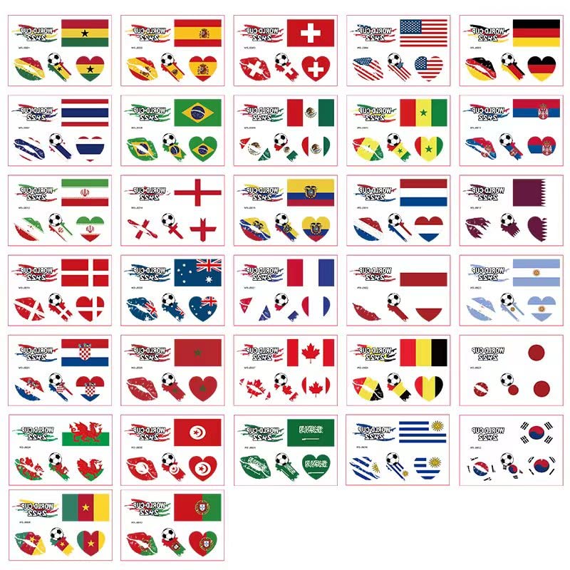 2022 מדבקות קעקועים בגביע העולם בקטאר מדבקות קעקוע 32 דגל לאומי מדבקות קעקוע זמניות שפתיים נשיקות מדבקות גוף