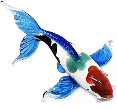 Witnystore 4½ סנפירים כחולים ארוכים - דג קוי לבן עם תערובת צבעים טלאים מפוצצים זכוכית פסלון מיניאטורה מראה יפנית קרפיון
