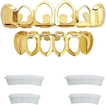 שיני גריל פנים פתוחות של צנלי 24 קראט כובעים מצופים גריל זהב חדש בהתאמה אישית סט גריל עליון ותחתון לילדים + מוטות