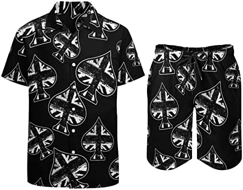 דגל בריטי שחור כדורי דגל אייס פוקר בגברים 2 חלקים תלבושות חוף כפתור הוואי למטה חולצה עם שרוול קצר וחליפות