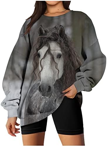 סווטשירט גדול לנשים צווארון עגול שרוול ארוך בציר מערבי קאובוי סוודר 3 ד הדפסת סוס גרפי רופף חולצות