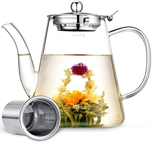 קומקום זכוכית, Zpose 1200 מל קומקום עם תה תה רופף נשלף, סיר תה זכוכית בורוסיליקט עם קו סולם, קומקום תה בטוח לתה, קופסת מתנה
