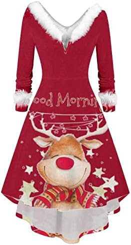 שמלות חג שמח לנשים פרוותי צווארון גבוה נמוך המפלגה נדנדה שמלה ארוך שרוול פתית שלג הדפסת סקטים שמלה