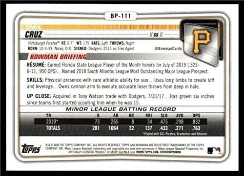 2020 סיכויי באומן BP-111 ONEIL CRUZ PITTSBURGH PIRATES RC טירון MLB כרטיס מסחר בייסבול