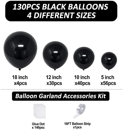 שחור בלון זר ערכת, 130 יחידות 18 אינץ 12 אינץ 10 אינץ 5 אינץ גדלים שונים שחור לטקס בלוני קשת ערכת יום הולדת יום