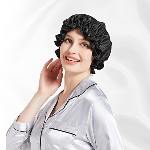 מצנפת משי לטיפול בשיער, כובע משי טבעי לשינה ומקלחת, מרופד כפול, טורבן משי תות בדרגה 6 א ' שחור