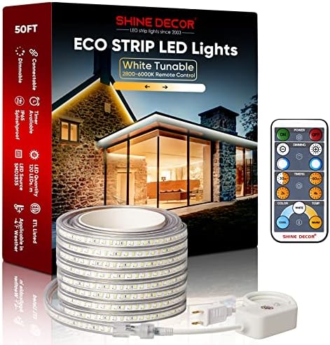 Shine Decor Eco Strip Light CCT מכוון 3-לבן, שלט רחוק 2800-6000,000 אורות LED הניתנים להחלפה, 50ft 120 וולט תזמון ניתן לחיבור