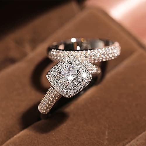 2 PCS SET זוג נסיכה כיכר יהלום סט טבעת אופנה אירוסית יוקרה תכשיטים לחתונה לנשים טבעת פאנקי