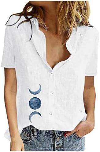 צמרות פשתן כותנה לנשים ירח אופנה ושמש גרפיקה שרוול קצר טוניקה טוניקה כפתור דש מזדמן למטה חולצה בסיסית