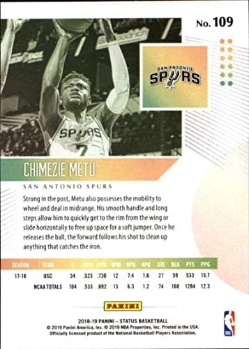 2018-19 סטטוס פאניני 109 Chimezie Metu RC טירון סן אנטוניו ספרס NBA כרטיס מסחר בכדורסל