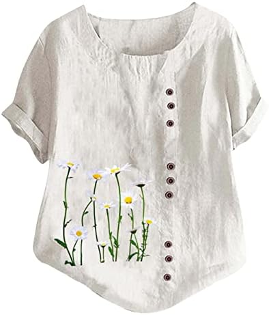 2023 נשים קיץ פשתן כותנה חולצת חולצת חולצות מזדמנת כושר רופף פרחים טרנדיים טוניקה טוניקה שרוול קצר פלוס חולצות
