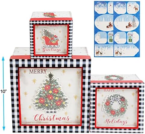 קופסאות מתנה לחג המולד סט של 3 עם עיצובים שונים של חג המולד ו -3 גדלים עם גיליונות תגיות מתנה
