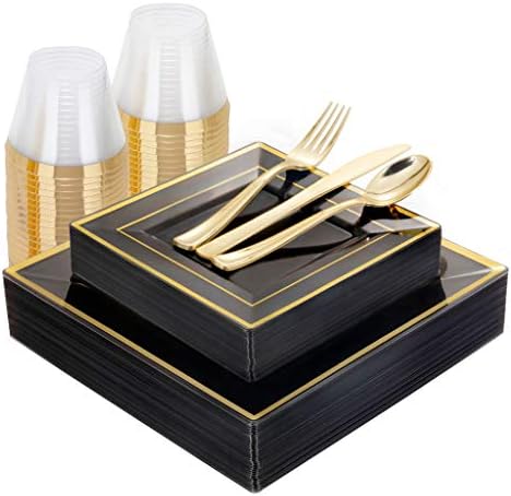 WELLIFE 150 יח 'צלחות פלסטיק שחורות ברורות, כלי כסף וכוסות חד פעמיות, כלי אוכל מפלסטיק מרובע זהב, 25 צלחות ארוחת