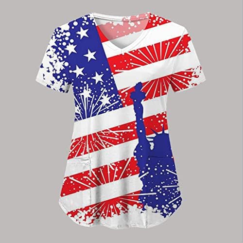 4 יולי חולצה לנשים ארה ב דגל קיץ קצר שרוול חולצת טי עם 2 כיסים חולצות חג מזדמן בגדי עבודה