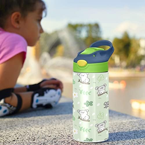 בקבוק מים קריקטורה של Koala Kids, בקבוק מים מבודד נירוסטה ללא BPA עם מכסה קש כפול בקופה אטומה דליפה לבקבוק לבנות פעוטות,