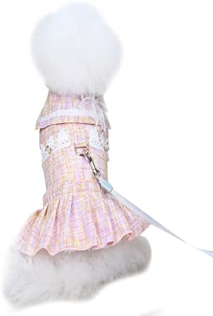 Qwinee כלב משובץ תחרה שמלת תחרה סיילור צווארון רתמת שמלת נסיכה עם רצועה חור כלב מסיבת יום הולדת בגדי יום