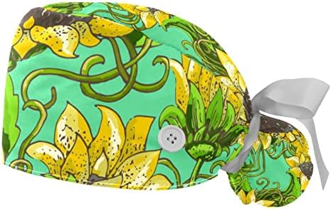 כובע העבודה של נשים 2 פאק עם כפתורי סרט עניבת סרט גב רקע פרחוני רקע פרחוני שיער ארוך