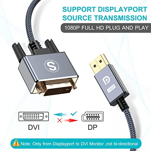 Sweguard DisplayPort לכבל DVI 16ft, DVI ל- DisplayPort מתאם כבל, DP קלוע מצופה זהב מהיר ניילון קלוע ל- DVI התואם ל- Lenovo,