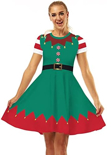 שמלות חג המולד של Tifzhadiao לנשים שרוול קצר שמלת א-קו מזדמן תחפושות חג המולד שמלת מסיבת קוקטייל עם חגורה