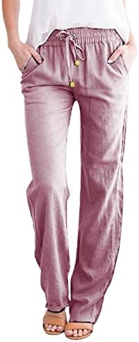 מכנסי פשתן לנשים מכנסי קיץ מזדמנים מותניים גבוהים מכנסיים רגליים ישר מכנסיים עם מכנסי כיסים מכנסיים