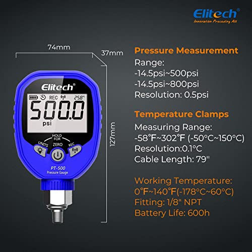 ELITECH DIGITAL SET AC SET HVAC מדדי ניטור אפליקציות עם מהדקי טמפרטורה 1/8 '' NPT, PT-500 ו- PT-800