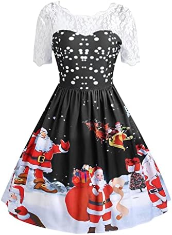 שמלת תחרה פרחונית אלגנטית לנשים חג המולד סנטה קלאוס שרוולים קצרים שמלות מודפסות סגנון וינטג 'שמלת מסיבות קו