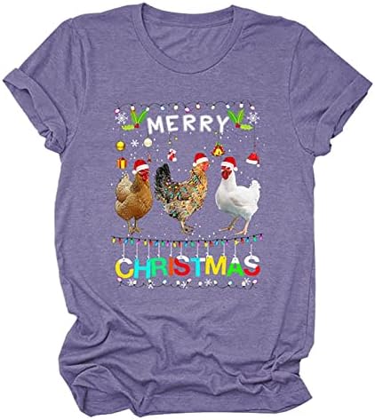 חולצות חג המולד של נשים סנטה כובע שרוול קצר סוודר חג המולד חג המולד עוף עוף מודפס חולצת טריקו פרימיום מצחיק