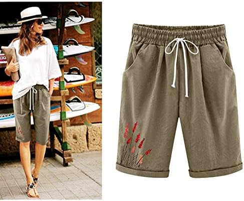 מכנסי קיץ קצרים לנשים מכנסי פשתן רופפים פרח מכנסי הדפסה גרפיים אורך ברך מזדמן מכנסיים נוח נוח מכנסי מותניים