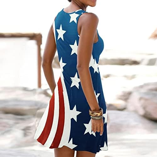 4 ביולי שמלה לנשים מקרית קיץ חוף שמלה אמריקאי דגל שרוולים או צוואר חור מנעול כוכבים פסים שמלה קיצית
