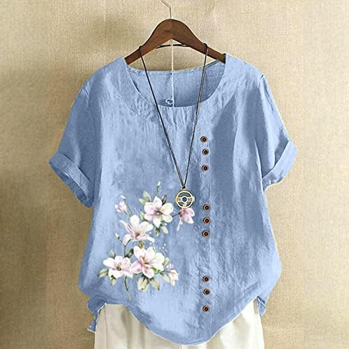 נשים פרחי חולצות פשתן קיץ דק מתאים עגול צוואר חולצות כפתור למטה יוצא קצר שרוול קומפי טי בלוסאס