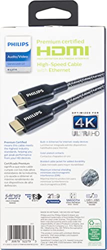 כבל HDMI מוסמך Philips Premium, 4 ft 1080p 120Hz 4K 60Hz, 18GBPS Ethernet HDMI 2.0, מחברי זהב, כבל קלוע, לטלוויזיה,